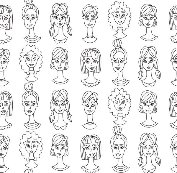 Doodle ritratti femminili modello vettoriale senza soluzione di continuità — Vettoriale Stock