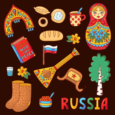 Rus sembolleri doodle simgeler vektör set 