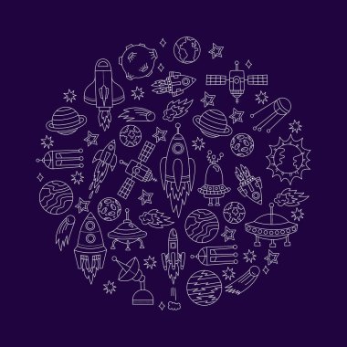 Uzaydan doodle simgeler kümesi vektör