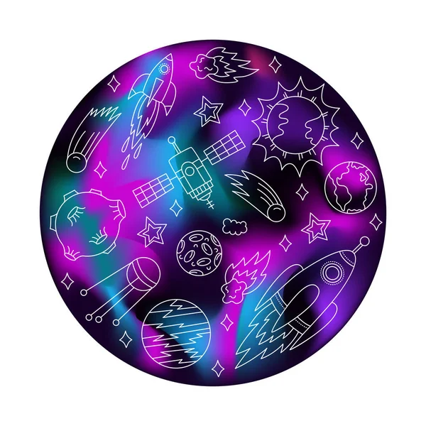 Weltraum Kosmos Doodle-Symbole auf Universum runden Hintergrund — Stockvektor