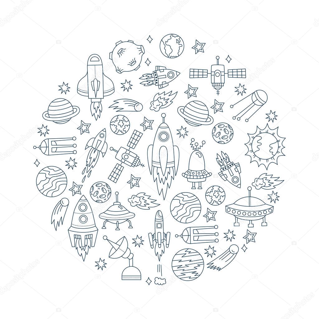 outer space doodles drawn icons vector set