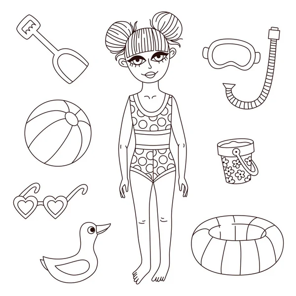 Doodle ligne fille enfant personnage avec plage été jouets vectoriel ensemble — Image vectorielle