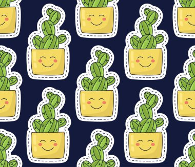 Onun pot etiket stili sorunsuz vektör desen gülümseme ile şirin kaktüs
