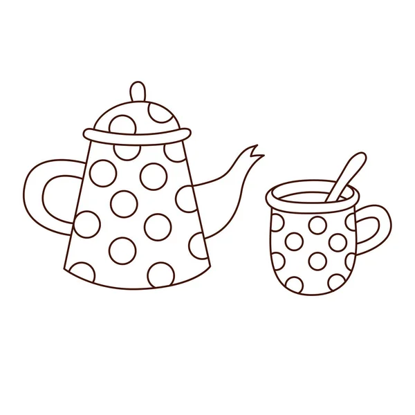 Línea doodle tetera y taza de té vector — Vector de stock