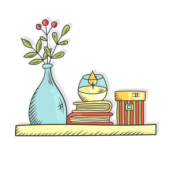 Prateleira interior com livros Vaso vela e caixa doodle linha vetor —  Vetores de Stock
