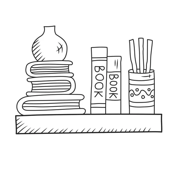 Estante del libro de Doodle con la decoración interior del vector del florero de la botella — Vector de stock