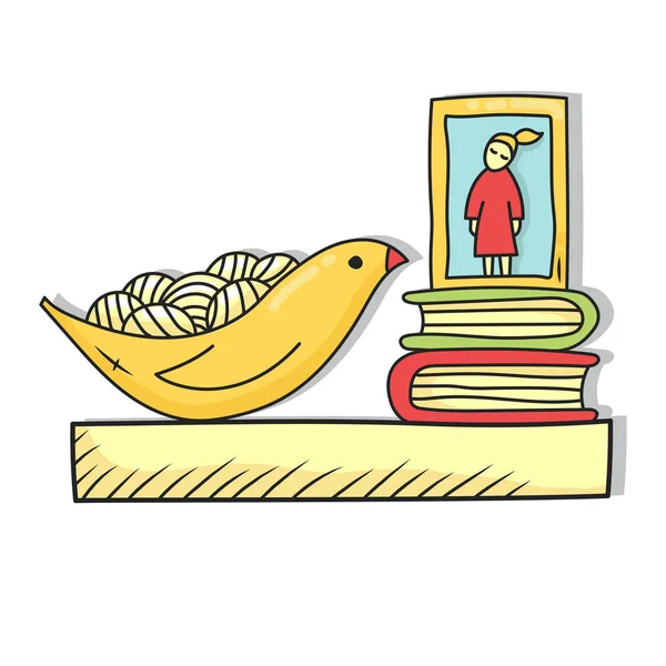 Sheplf casa colorida com itens aconchegantes vaso livros de pássaros imagem —  Vetores de Stock