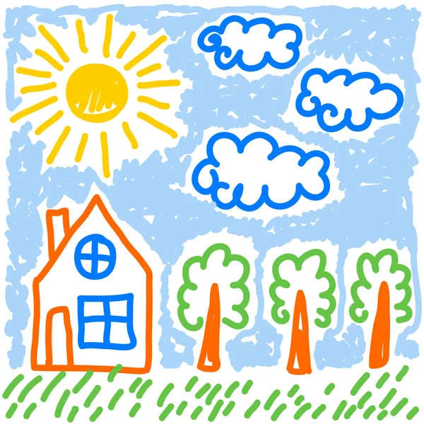 Mignon enfants dessin stylisation maison arbres soleil et nuages vecteur — Image vectorielle