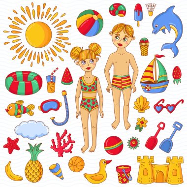 Yaz plaj çocuk oyuncak karakterler semboller doodle simgeler vektör set