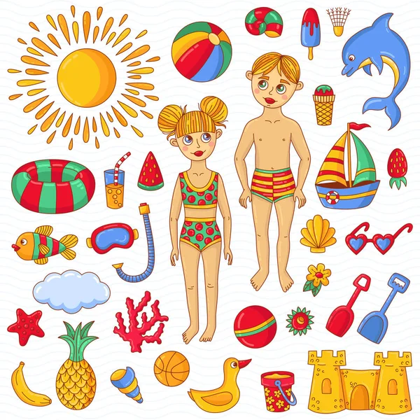 Niños playa dibujo imágenes de stock de arte vectorial | Depositphotos