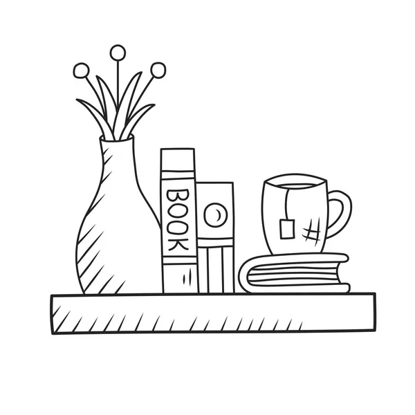 Інтер'єрна полиця мила ікона інтер'єру з книжками з квіткової вази та чашкою чаю — стоковий вектор