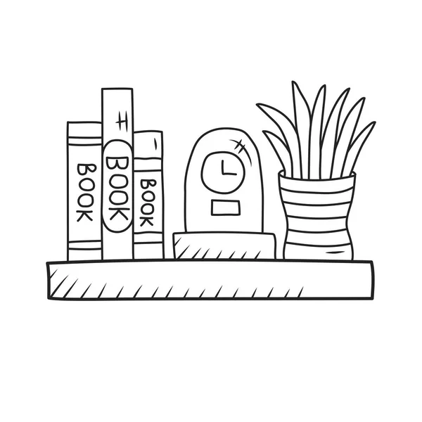 Plank interieur met bloem pot en boeken interieur klokpictogram — Stockvector