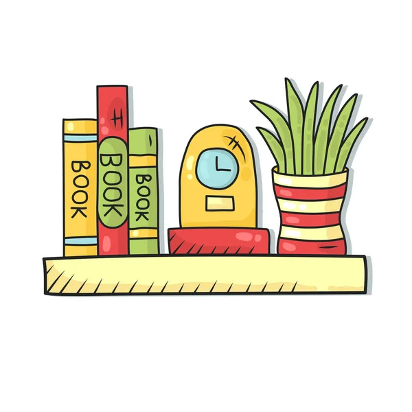 Étagère intérieure livre avec horloge et maison plante vecteur doodle — Image vectorielle