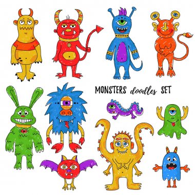 Childlike drawn  monsters vector set clipart