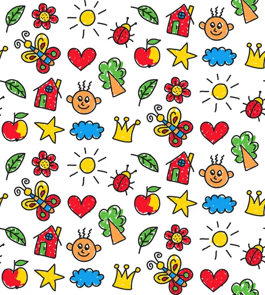 Colorful childlike icons drawings seamless vector pattern — Stock Vector