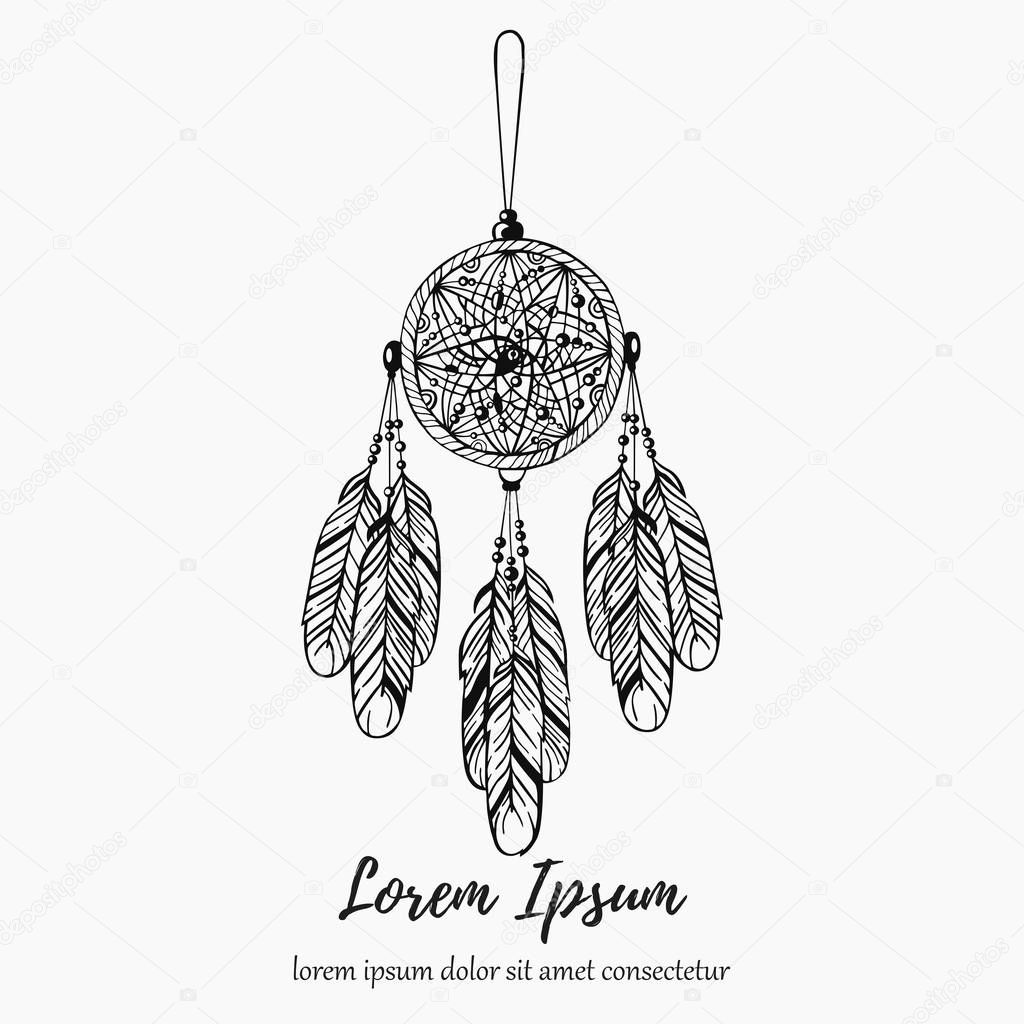 Dream hunter dream catcher with feathers  line doodle hand drawn vector illustration