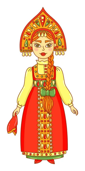 Kvinna Traditionella Ryska Kläder Sarafan Och Kokoshnik Doodle Vektor Seriefigur — Stock vektor