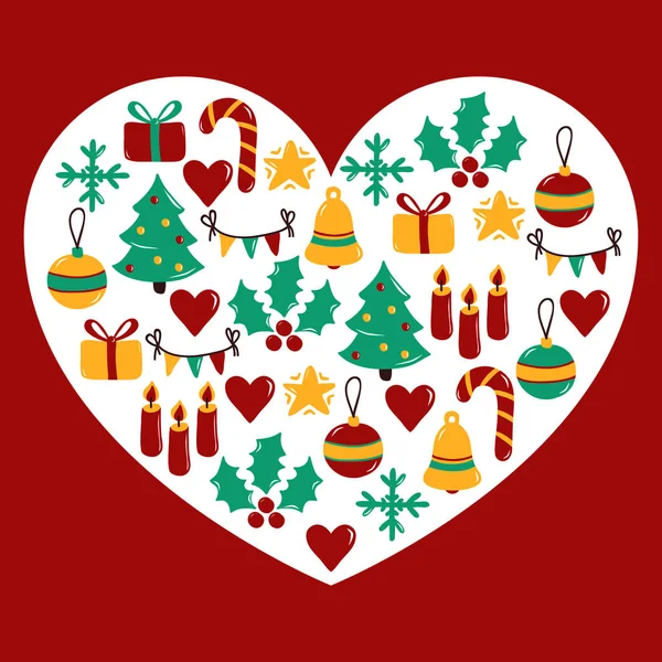Ensemble vectoriel icônes de Noël en forme de coeur — Image vectorielle