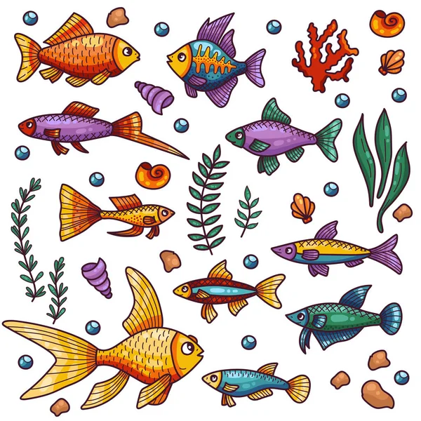 Vissen Zee Planten Schelp Aquarium Zee Vector Pictogrammen Collectie — Stockvector