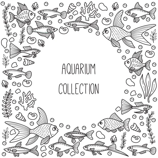Vissen Aquarium Doodle Lijn Rond Frame Ontwerp — Stockvector