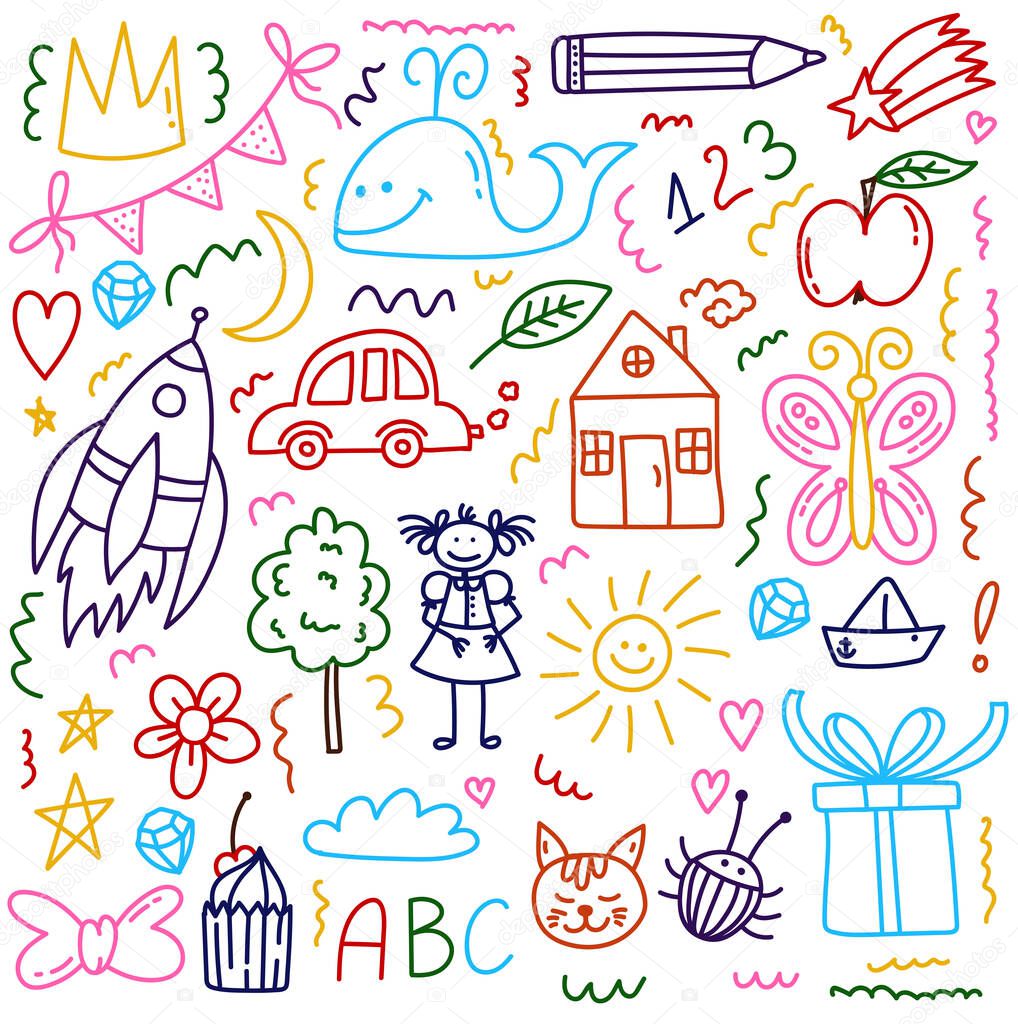 Childish drawings doodle cute vector icons collection