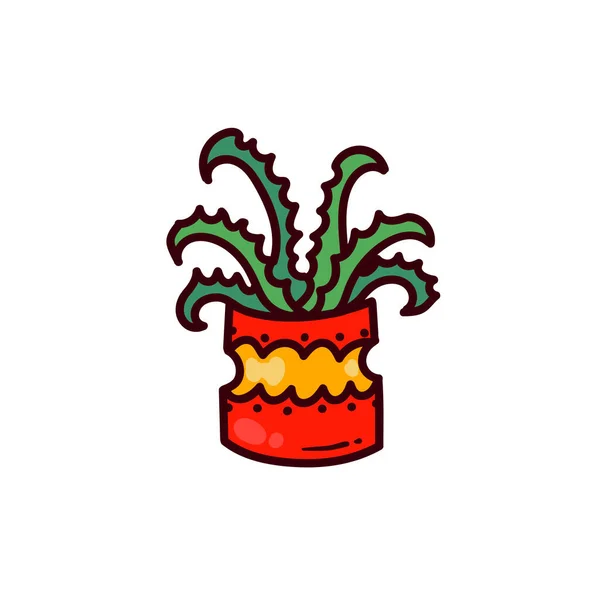 Aloë Huis Plant Bloempot Doodle Kleurrijke Cartoon Pictogram Ontwerp — Stockvector