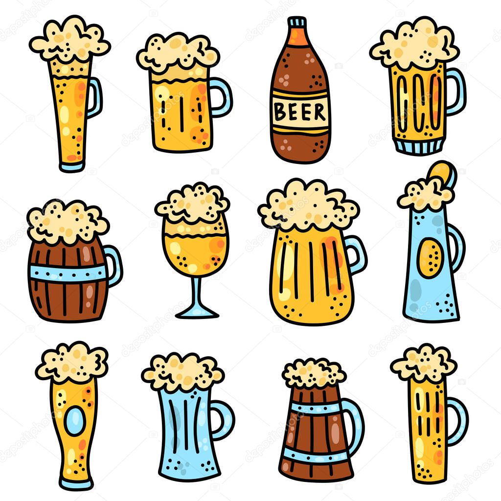 Beer colorful cute alcohol drink icons vector set