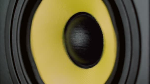 Fechar em movimento sub-woofer. Parte do orador. Cores preto e amarelo. UHD de vídeo — Vídeo de Stock