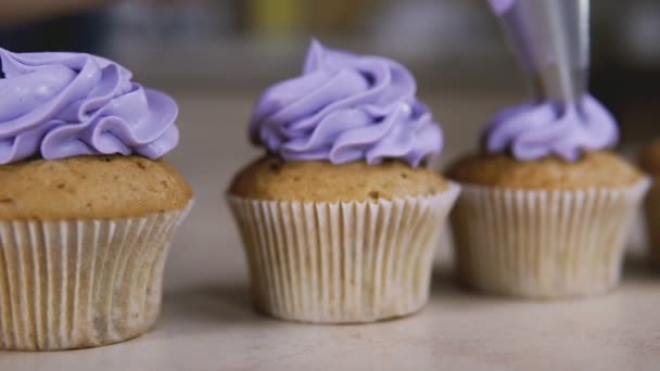 Використовуючи кулінарну сумку, пекар робить кекс. Покладіть фіолетовий вершковий масляний крем на смачний кекс — стокове відео