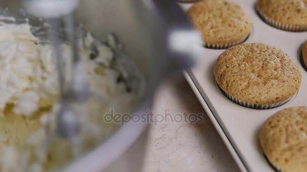 Fouetter la crème dans le mélangeur. Femme au foyer mélanger une crème pour muffins. Vue rapprochée — Video