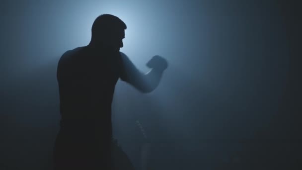 Entraînement de boxeur masculin sur fond fumé noir avec lumière. Combat d'ombre . — Video