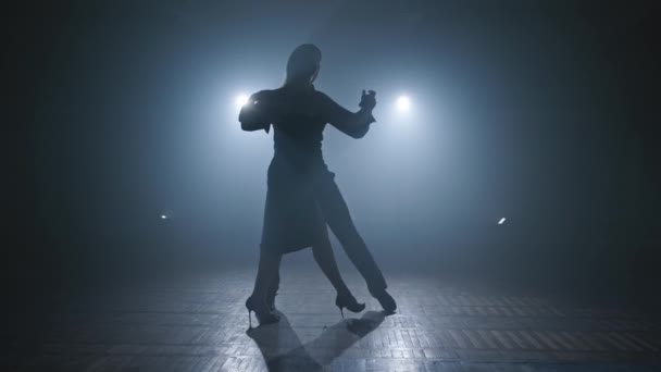 Genç Çift Karanlık Odada Dumanlı Spot Işıklarıyla Ağır Çekimde Tango — Stok video