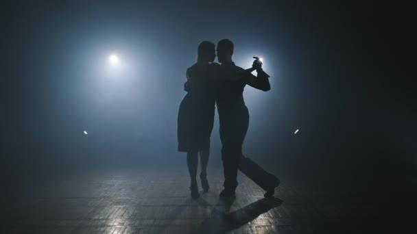 Een paar danstango 's in de donkere kamer met rook en spots. Silhouet van dansers — Stockvideo