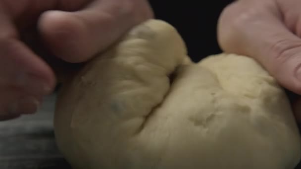 Male Hands Kneading Dough Flour Wooden Table Cook Prepare Pie — Stock Video