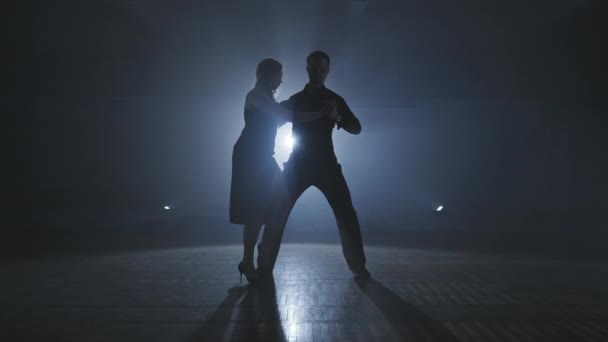 Silueta de bailarinas en salón ahumado. Pareja joven baila tango en habitación oscura — Vídeo de stock