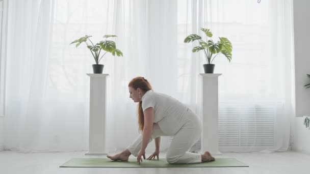 Mujer embarazada joven en el estudio de yoga. Mujer embarazada haciendo yoga en el interior — Vídeo de stock