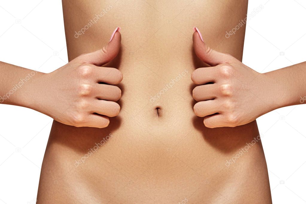 Beautiful female belly. Pretty woman cares stomach. Healthcare, digestion, intestinal health. Wellness, spa. Body part