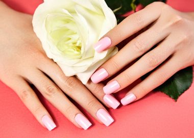 Pembe oje ile manikürlü tırnaklar. Nailpolish ile manikür. Moda sanat manikür, parlak jel cila. Tırnak Salonu