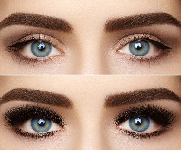 Perfect shape of eyebrows and extremly long eyelashes. Macro shot of fashion eyes visage. Before and after — Stock Photo, Image