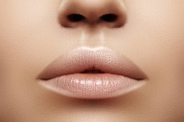 Closeup plump Lips. Lip Care, Augmentation, Fillers. Macro photo with Face detail. Natural shape with perfect contour — Stock Photo, Image