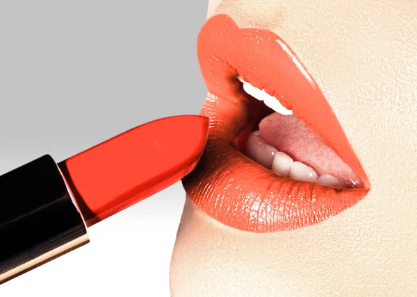 Beautiful female lips with fashion make-up. Trend light coral color. Makeup, visage and cosmetics. Choice lipstick — Stock Photo, Image