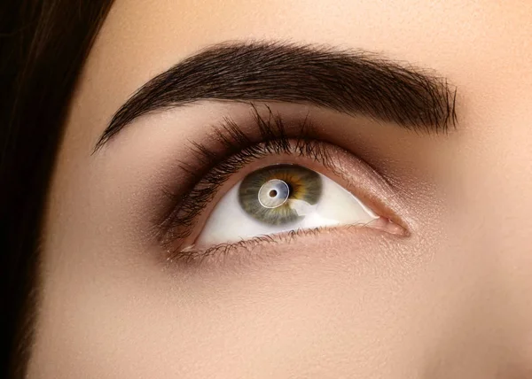 Primer plano La belleza del ojo de la mujer. Sexy maquillaje de ojos ahumados con sombras de ojos marrones. Forma fuerte perfecta de las cejas — Foto de Stock