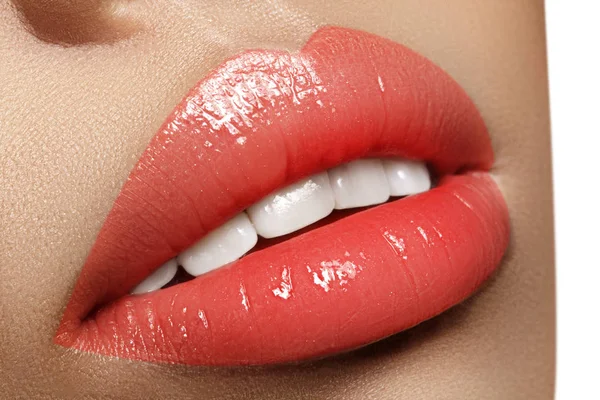 Closeup plump Lips. Lip Care, Augmentation, Fillers. Macro photo with Face detail. Natural shape with perfect contour — Stock Photo, Image