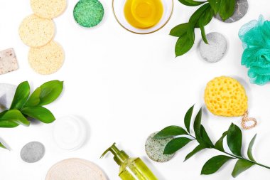 Spa arka plan banyo aksesuarları, yüz ve vücut bakımı. Kişisel bakım için ayarlayın. Fırça, rutin şeyler ile temiz cilt
