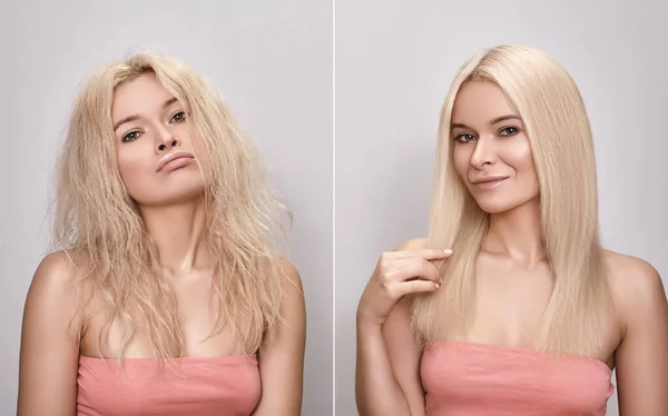 Saç stilinden önce ve sonra güzel bir kadın. Suratı asık ve mutlu yüzlü komik bir portre. Parlak düz saç için Keratin tedavisi
