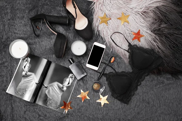 Fundo Estilo Moda Feminina Roupas Flat Lay Com Sapatos Fragrância — Fotografia de Stock