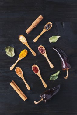 Kaşık içinde çeşitli Asya baharatlar