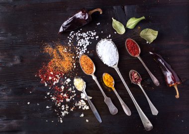 Kaşık içinde çeşitli Asya baharatlar