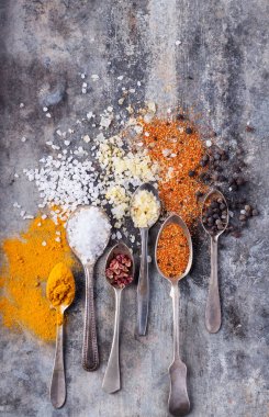 Kaşık içinde çeşitli Asya baharatlar