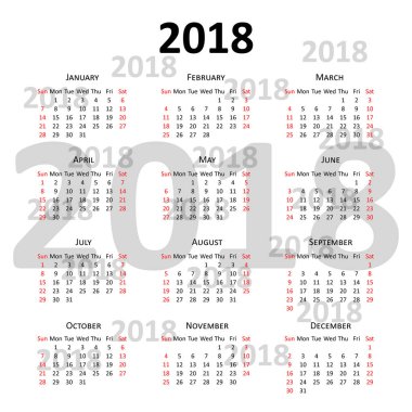 İngilizce takvim 2018